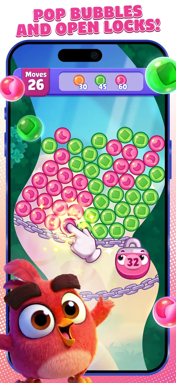Angry Birds Dream Blast játékkép: buborékos pálya telefon képernyőjén